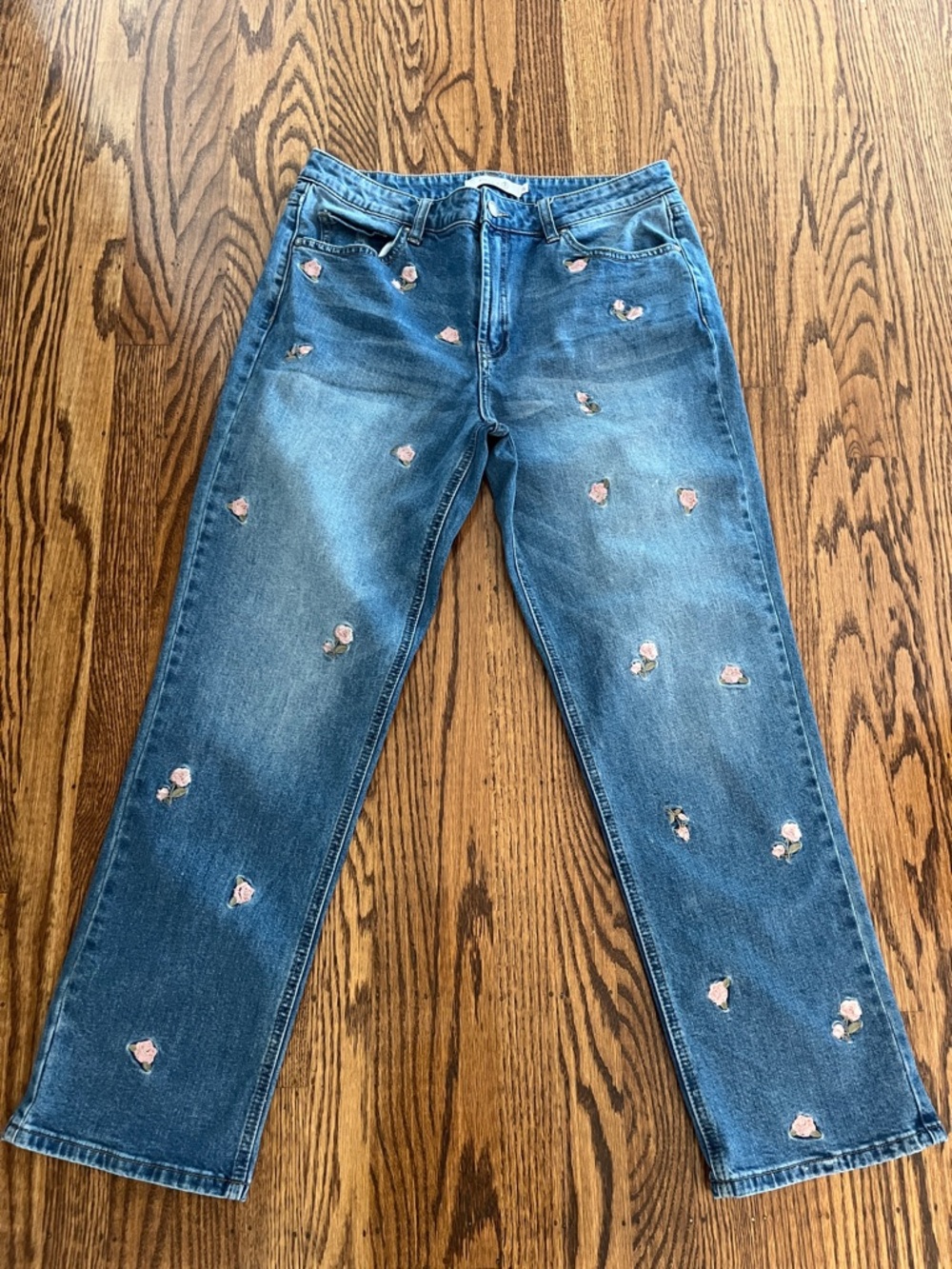 Billy T Straight-Leg Blue Denim Jeans with Pink Rose Embroidery Size 31